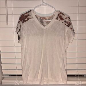 Women's White and Cow Print V Neck